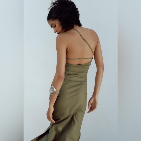 Zara Elegant Olive One-Shoulder Dress - Picture 4 of 5